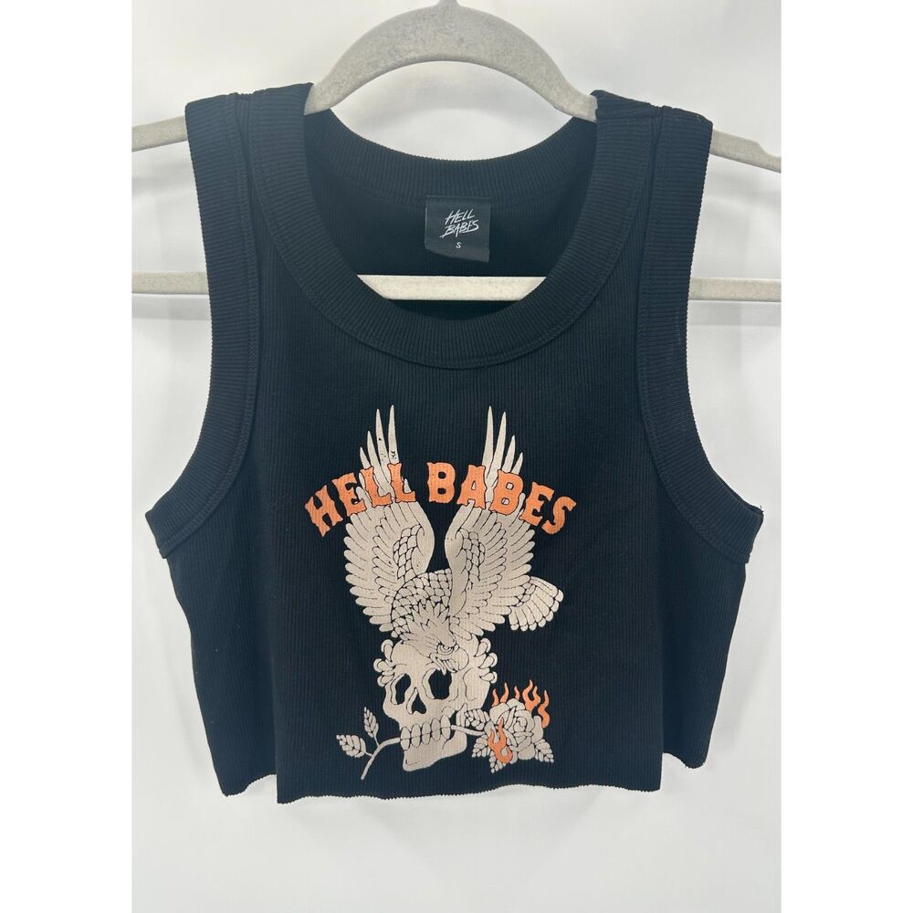 Hell Babes Tank Top Skull Graphic Cropped Ribbed Black Size S